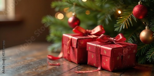 Ornate packages, shimmering ribbons, beneath decorated fir , shimmering, joy
