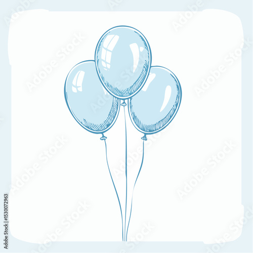 Vector drawing of round helium Balloons with strings in retro sketch style. Outline pastel blue drawing for festive projects, childish greeting cards and Baby shower invitations.