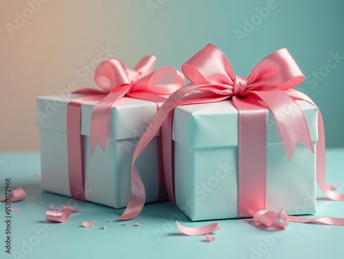 Softly lit, shiny gift boxes with satin ribbons , texture, giftwrap, green
