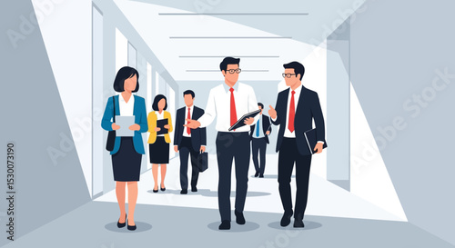 Business Professionals Collaborating in Modern Office Corridor