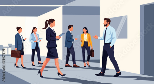 Modern Businesspeople Networking and Collaborating in Office Corridor