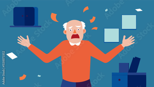 An elderly man screaming and throwing objects around his room in a fit of rage. He has dementia and is experiencing a moment of confusion and aggression unable to understand or. Vector illustration