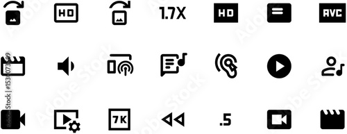 Minimalist black and white video editing icon set featuring clear, modern symbols for functions like no text and no PNGs in vector format
