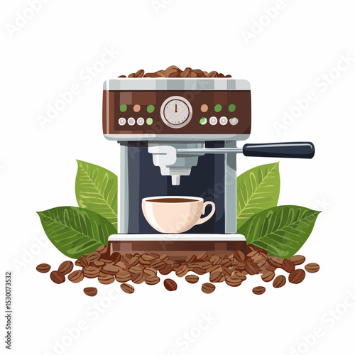 Coffee machine with a cup of coffee, surrounded by coffee beans and green leaves.