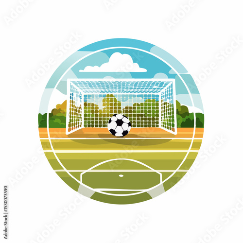 A soccer ball rests in front of the goal on a green field.