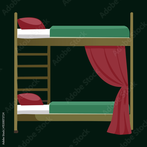 Wooden Bunk Bed Red Curtain