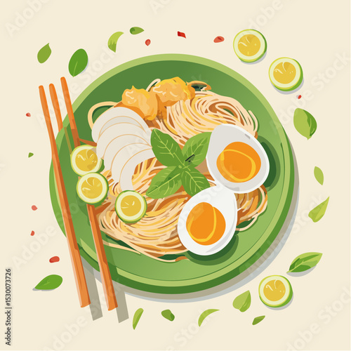 Overhead view of a plate of noodles with egg and lime, garnished with herbs.