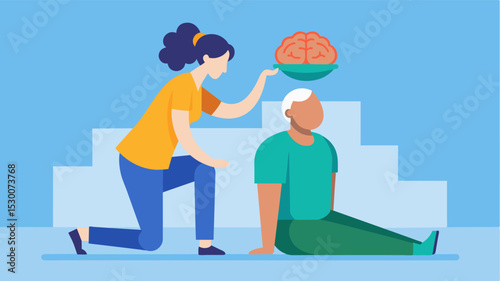 A volunteer helping a person with a brain injury with their physical therapy exercises supporting their recovery and overall brain health.. Vector illustration