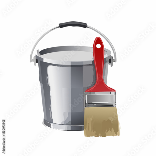 A silver paint bucket filled with white paint stands next to a red-handled paintbrush.