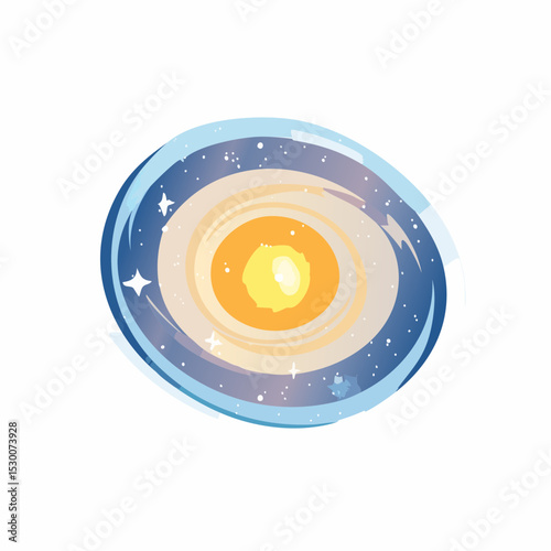 Illustration of a stylized galaxy with a bright yellow center, surrounded by swirling bands of color and stars.