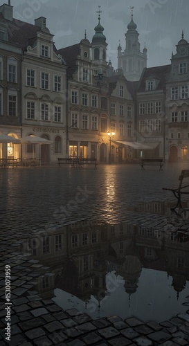  Central Square in Historic City Under Light Rain