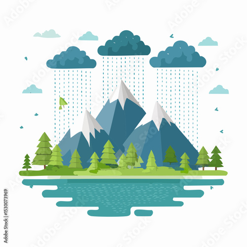 Illustration of a landscape featuring mountains, rain, trees, and water.