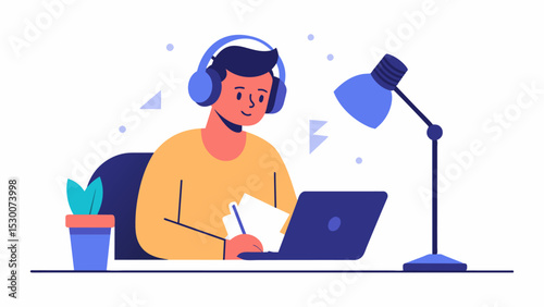 A writer sits in their quiet studio recording the audiobook version of their memoir about their recovery from a traumatic brain injury. The emotion in their voice is palpable as. Vector illustration