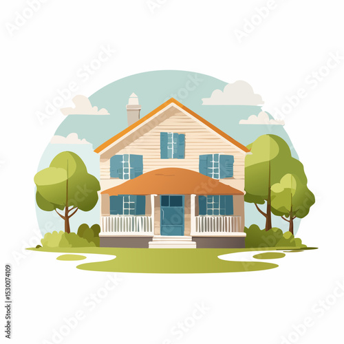 Illustration of a cozy, two-story house with a porch, surrounded by trees and a lawn under a cloudy sky.