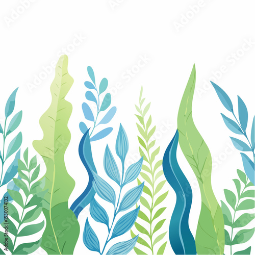 Watercolor Seaweed illustration in green and blue colors. Drawing of Algae for childish greeting cards or baby shower invitations in nautical style.