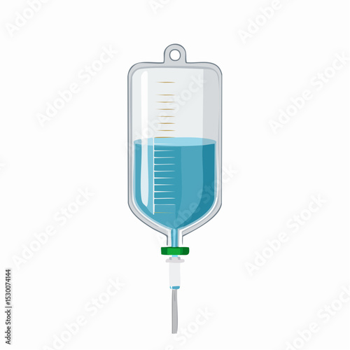 An IV bag filled with blue liquid hangs, used for intravenous therapy and medical treatment.