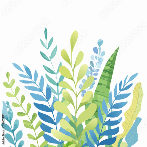 Watercolor Seaweed illustration in green and blue colors. Drawing of Algae for childish greeting cards or baby shower invitations in nautical style.