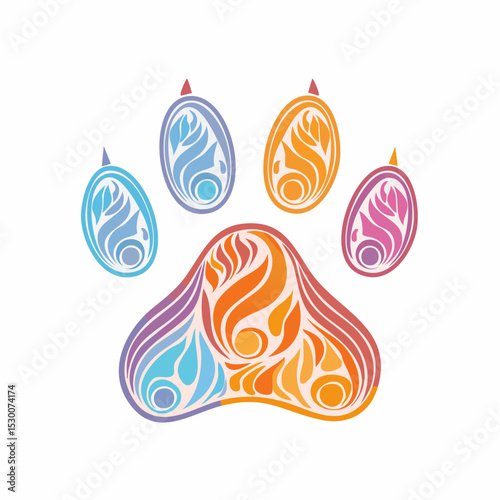 Colorful, stylized animal paw print illustration with intricate swirl patterns in various pastel hues.