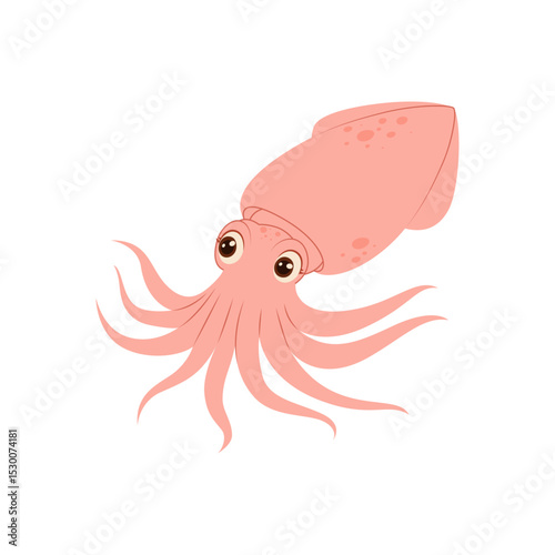 Cute squid with big eyes. Fun pink sea animal illustration, perfect for kids’ designs, nursery prints, or educational materials.