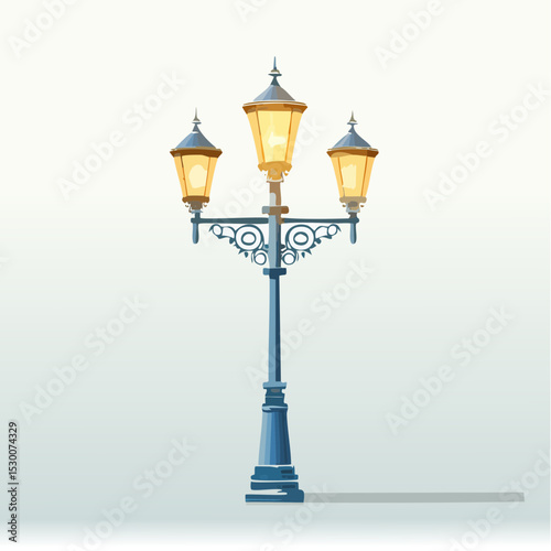 Illustration of a blue vintage street lamp with three glowing lanterns on a white background.