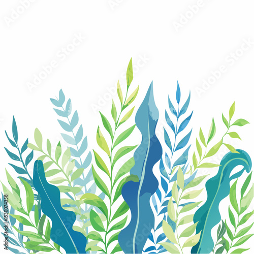 Watercolor Seaweed illustration in green and blue colors. Drawing of Algae for childish greeting cards or baby shower invitations in nautical style.