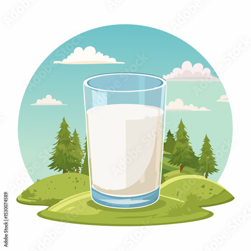 Glass of Milk on a Green Hillside Fresh Dairy Illustration