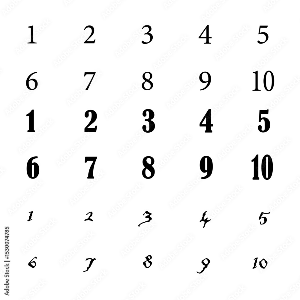 Numbers icon. Stylized digit collection. Vector numeric display. Ten font variations. Numbers icon. Stylized digit collection. Vector numeric display. Ten font variations.
