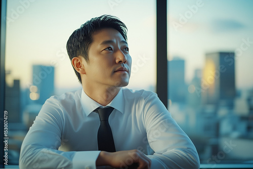 a Korean man in his 40s sitting at a conference room table, looking quietly out the window, city skyline behind, white shirt and black tie