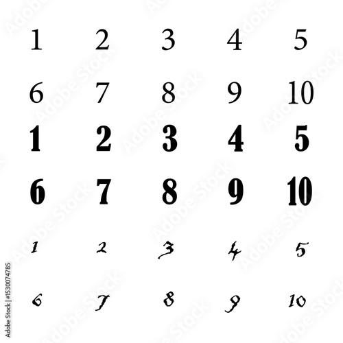 Numbers icon. Stylized digit collection. Vector numeric display. Ten font variations.