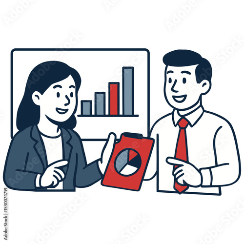 Smiling Business Colleagues Presenting Upward Trending Graph & Pie Chart