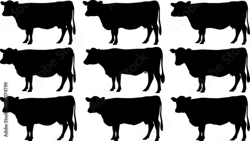 "Produce a neutral, evenly spaced grid of cow silhouettes in black, each pose distinct, with uniform profile views and no shading or detail."


