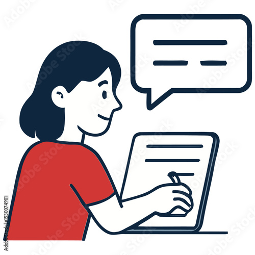 Smiling Woman Taking Notes on Tablet with Speech Bubble