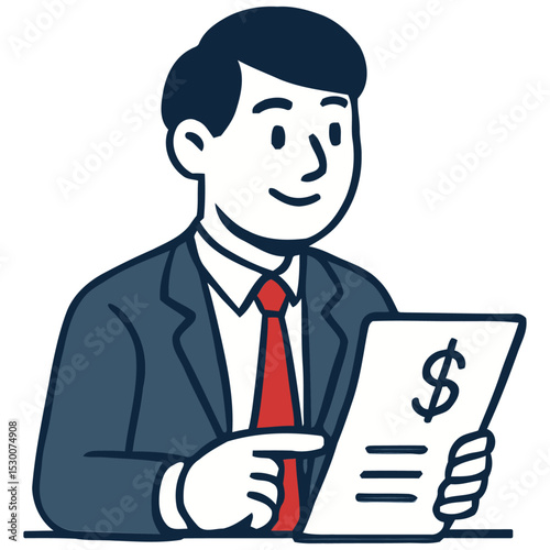 Smiling Businessman Reviewing Financial Document, Flat Illustration