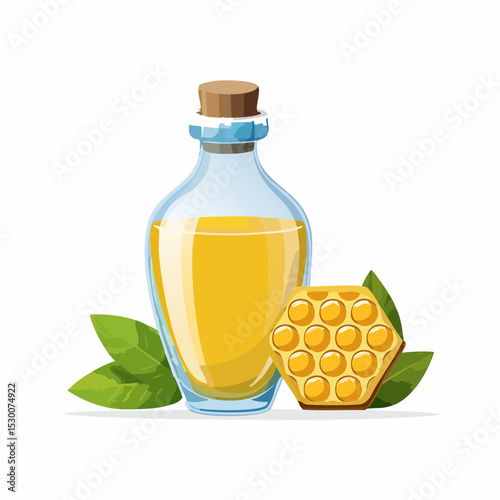 Honey in Glass Bottle with Honeycomb and Leaves