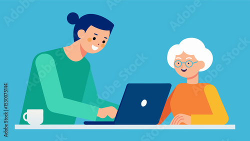 A volunteer helping an elderly individual with technology teaching them new skills and keeping their minds engaged.. Vector illustration