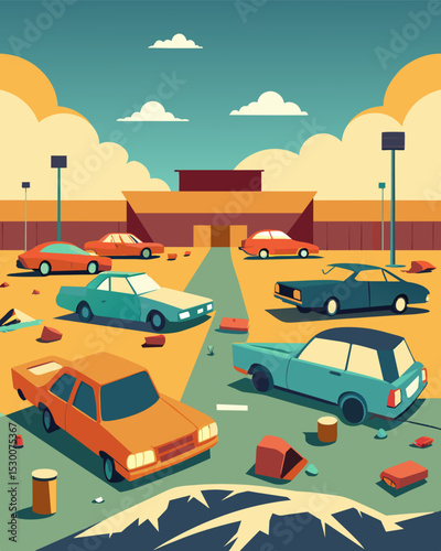 A deserted parking lot filled with abandoned down cars with missing parts and broken windows.. Vector illustration