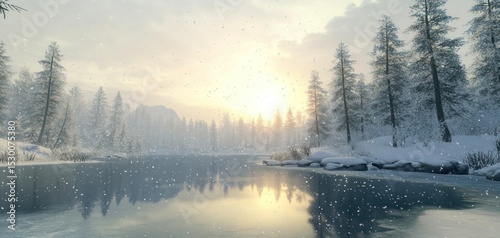 Winter Wonderland: Serene Snow-Covered Lake at Sunrise