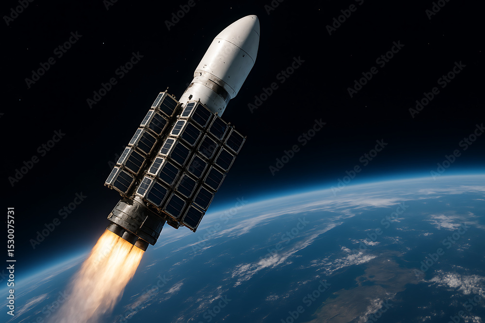Obraz premium A rocket carrying multiple internet satellites, ready to orbit