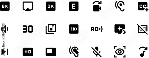 Black and white icon set for video editing software featuring computer interface, audio, playback controls, and production elements in bold vector style