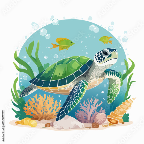 Watercolor illustration of marine Turtle surrounded by underwater elements like coral, seaweed, bubbles, and shells.
