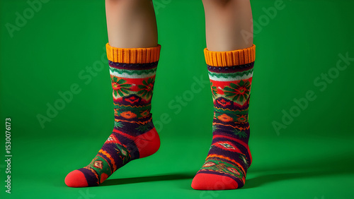 Photo realism of girl from knees down to stocking feet Fancy, colorful thick socks. green screen. 3.5MB, 3840x2160 dim px, 12.8x7.2 in, 300 p/i photo