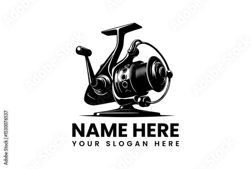 Black silhouette vector logo of a modern spinning fishing reel with intricate mechanical details  