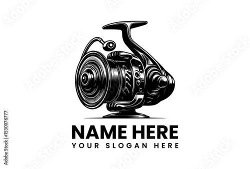 Black silhouette vector logo of a modern spinning fishing reel with intricate mechanical details  