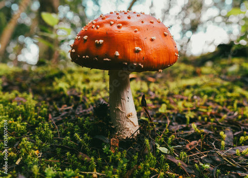 Red mushroom in the foreground against background of trees.