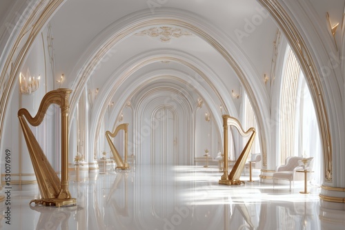 Elegant hall with arched ceilings, golden accents, and musical instruments, creating a serene and opulent space.
