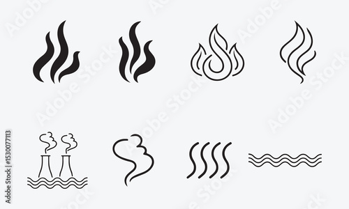 set of fire icons, Smoke Icon Vector Set of Steam Symbol Illustrations in Line and Silhouette Style on White Background