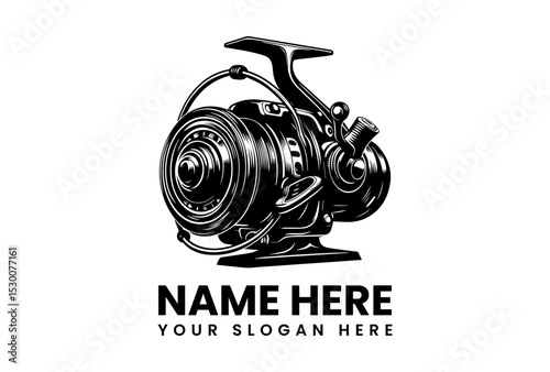 Black silhouette vector logo of a modern spinning fishing reel with intricate mechanical details  