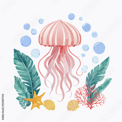 Watercolor illustration of Jellyfish surrounded by corals, seaweed, shells, and bubbles. Drawing of Jelly Fish for childish nursery posters or baby shower invitations.