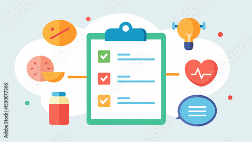 Healthy Habits Checklist An illustration of a checklist with various healthy habits such as exercise socializing and brainboosting activities to encourage viewers to incorporate. Vector illustration