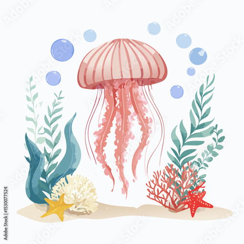 Watercolor illustration of Jellyfish surrounded by corals, seaweed, shells, and bubbles. Drawing of Jelly Fish for childish nursery posters or baby shower invitations.